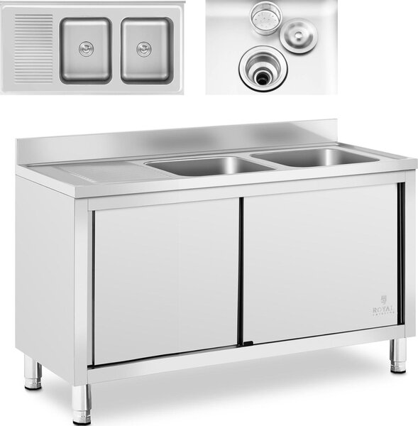 Expondo Royal Catering Mobile lavello - 2 vasche - - Acciaio inox - 140 x 70 cm