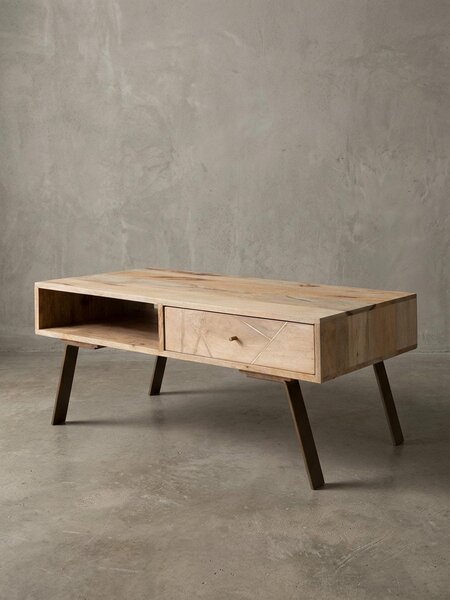 Tavolino SIKAR 95x42x50 cm in legno massello di mango / metallo, tavolino da salotto di design con cassetto, tavolino da salotto in stile country marrone, tavolino da caffè di design in legno massello, tavolino da salotto