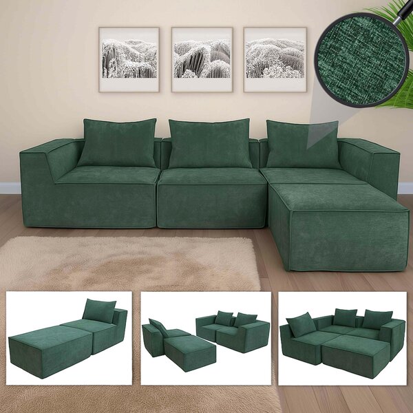 Divano a L MCW-O54, divano lounge con pouf, modulare estensibile a destra/sinistra, tessuto 63x270x190 cm ~ verde