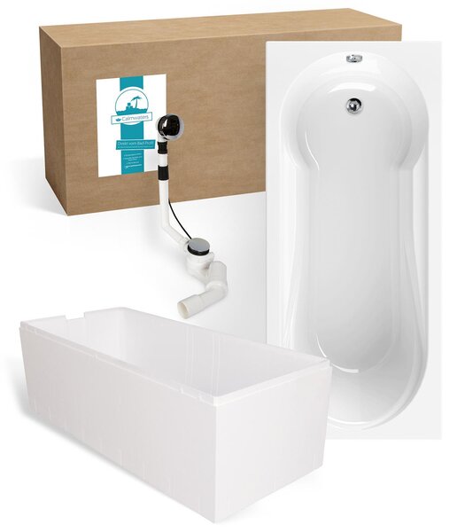 Calmwaters® Vasca da bagno con doccia completa 180x80 cm con supporto vasca e set di scarico, vasca in acrilico Modern Small 2, zona doccia, set vasca completo 180 x 80, vasca doccia per 2 bianco, 99000167