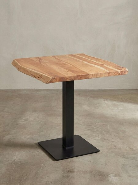 Tavolo in legno massiccio con bordo ad albero quadrato e base in acciaio inox, pezzo unico. 80x75x75 cm | Kadima Design