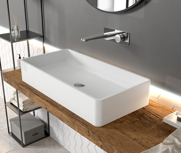 Lavabo da appoggio PB2013 - Resina minerale - Bianco opaco - 80 x 40 x 14,5 cm