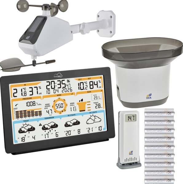 TFA 35.8106.01 Stazione meteorologica wireless WLAN TFA.me ID-05, con previsioni meteo fornite da wetter.com, incl. trasmettitore wireless, pluviometro, anemometro solare: con batterie