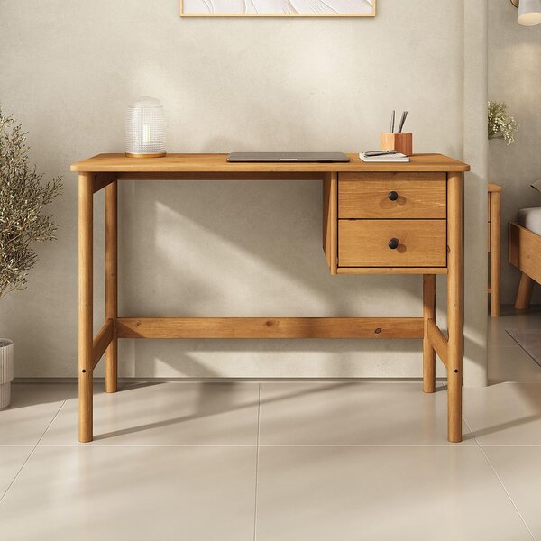 Scrivania MARLO con 2 cassetti in legno massiccio, colore rovere - scrivania in legno con spazio di archiviazione, design minimalista, piano del tavolo con bordi ammorbiditi, legno di pino massiccio