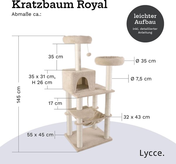 Lycce Tiragraffi grande, tiragraffi a più piani per gatti con 10 colonne avvolte completamente in sisal, cuccia, amaca, 4 piattaforme, pallina di peluche, molto stabile, poco ingombrante, colore: beige