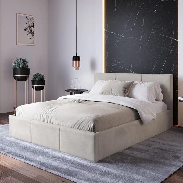 Home Collective letto imbottito, letto con contenitore, letto contenitore con rete a doghe letto imbottito con testiera letto matrimoniale | struttura in metallo con alzata a gas, rivestimento in velluto | 140×200 cm | grigio