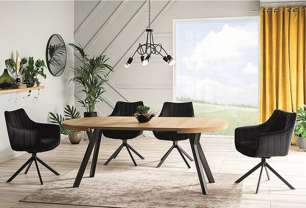 Tavolo Domingo allungabile rotondo in impiallacciato rovere e struttura in metallo nero – Ø100/150/200/250x76 cm