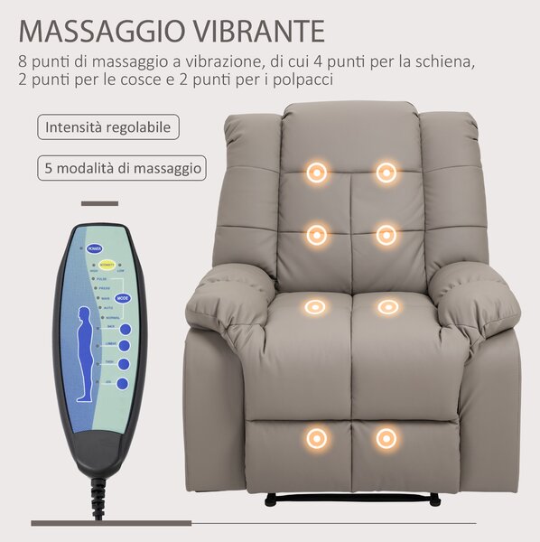 HOMCOM Poltrona Massaggiante Reclinabile 165° con Braccioli Curvati e Imbottitura Spessa, Poltrona Reclinabile in Similpelle, Grigio | Aosom Italy
