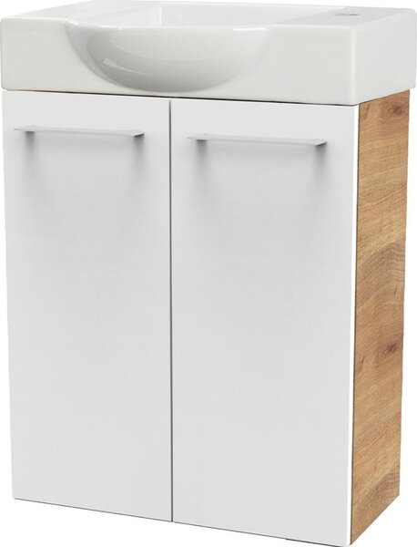 Fackelmann SBC MILANO Set per bagno ospiti a 2 pezzi, 55 cm, marrone chiaro/bianco, 2 ante, foro per rubinetto a destra
