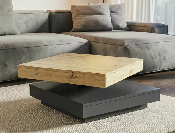 Tavolino Cotto in finitura rovere artisan e antracite con piano girevole a 360° – 67x67x33 cm