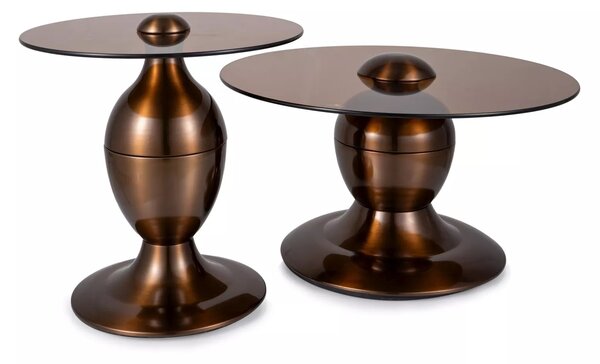 Set di tavolini Cassie in vetro color bronzo e struttura in acciaio inox finitura rame lucido – Ø70x38 cm