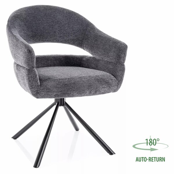 Sedia Borgo Raven in tessuto grigio scuro con struttura in metallo nero opaco e seduta girevole auto-return – 58x87 cm