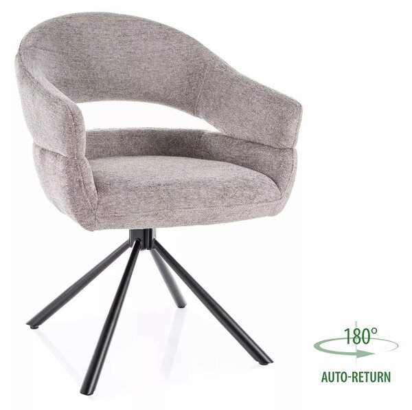 Sedia Borgo Raven in tessuto grigio con struttura in metallo nero opaco e seduta girevole auto-return – 58x87 cm