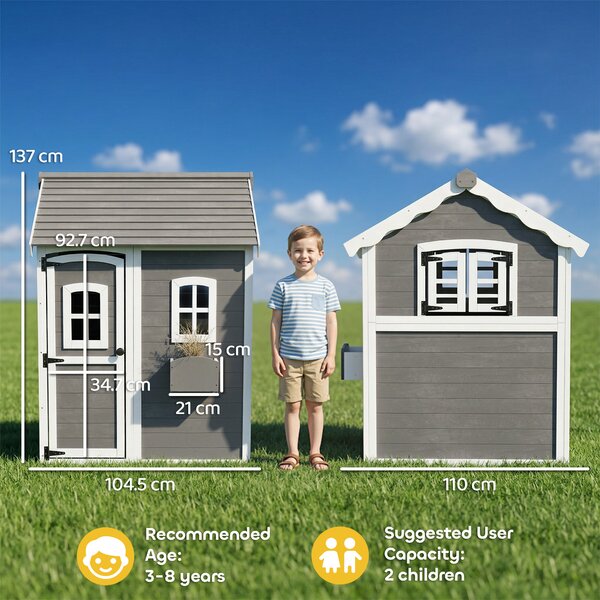 Outsunny Casetta per Bambini 3-8 Anni con 6 Finestre e Fioriera, in Legno di Abete, 104.5x110x137 cm, Grigia|Aosom