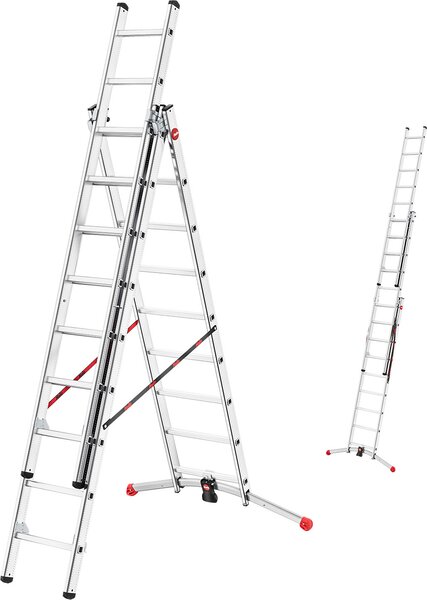 Scala Hailo HobbyLOT, scala combinata in alluminio in 3 parti, 3 x 9 pioli, sistema a piombo