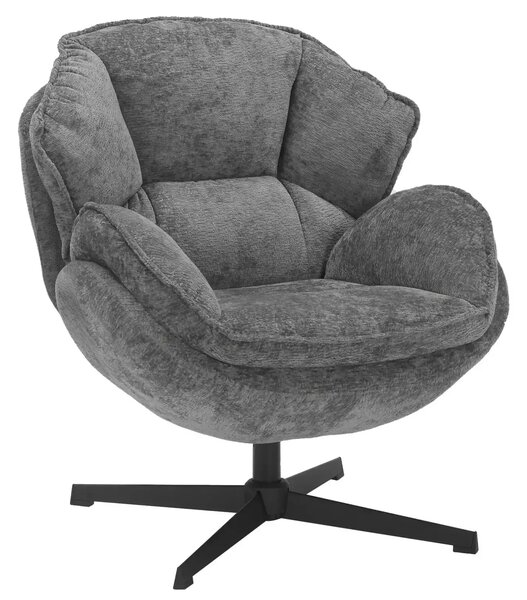 Poltrona Betty in tessuto grigio con struttura in metallo nero e seduta girevole – 73x87x83 cm