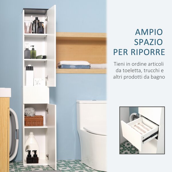 Kleankin Mobile Bagno con Ripiano Regolabile, Colonna Bagno 2 Ripiani Chiusi e un Cassetto in Legno, 30x28x180 cm, Bianco|Aosom