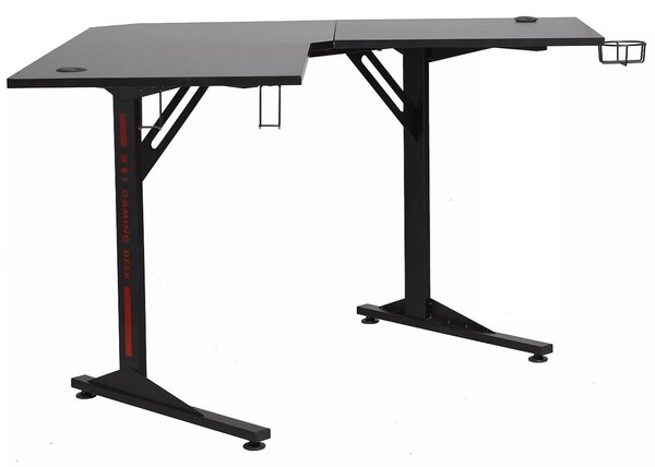 Scrivania angolare B-219 in MDF nero e struttura in metallo – con supporto cuffie e portabicchiere