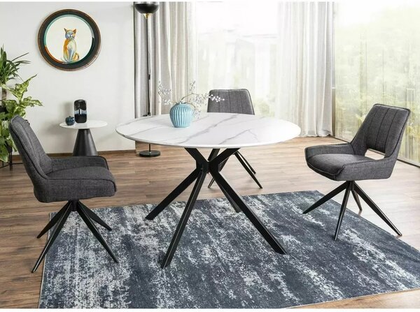 Tavolo Aster rotondo con piano effetto marmo bianco e struttura in metallo nero opaco – Ø120 cm