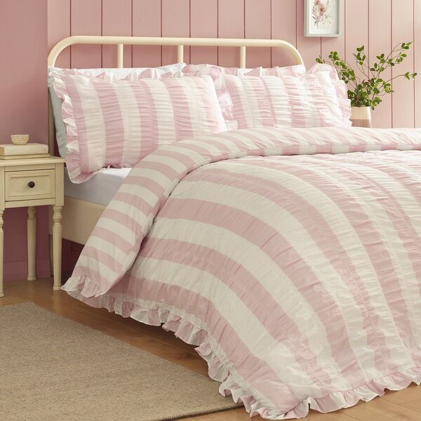 Set copripiumino e federa rosa per letto singolo 135x200 cm Seersucker Frill Stripe – Catherine Lansfield
