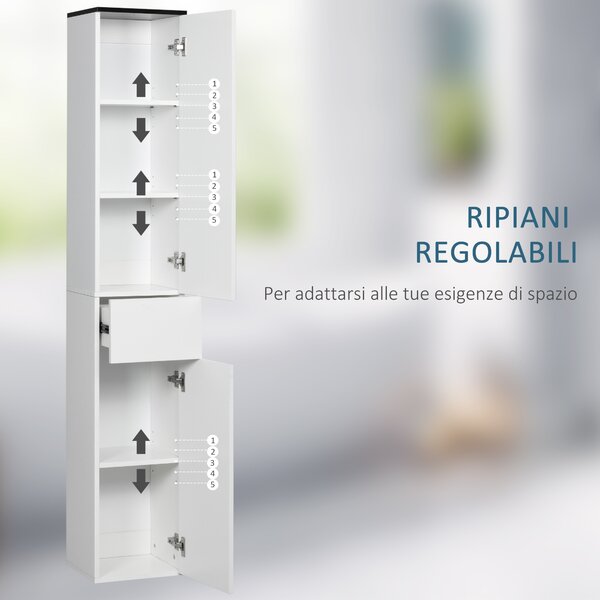 Kleankin Mobile Bagno con Ripiano Regolabile, Colonna Bagno 2 Ripiani Chiusi e un Cassetto in Legno, 30x28x180 cm, Bianco|Aosom