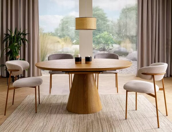 Tavolo Angel II estensibile in MDF con impiallacciatura naturale rovere – Ø120 estensibile a 160 cm