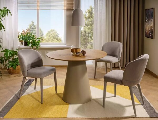 Tavolo Angel rotondo in MDF laccato cashmere e piano in MDF con impiallacciatura naturale rovere – Ø100 cm