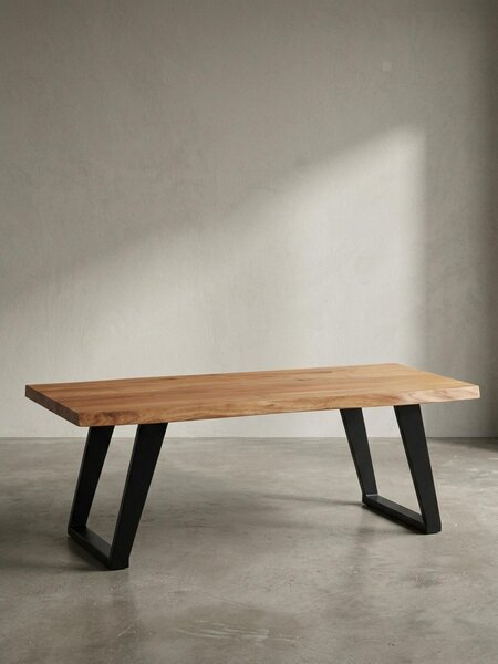 Tavolino da salotto 120x60x46 cm in legno massello di acacia / metallo con bordo naturale, tavolino da salotto di design rettangolare, tavolino da divano marrone, tavolino da caffè con gambe nere a forma di U