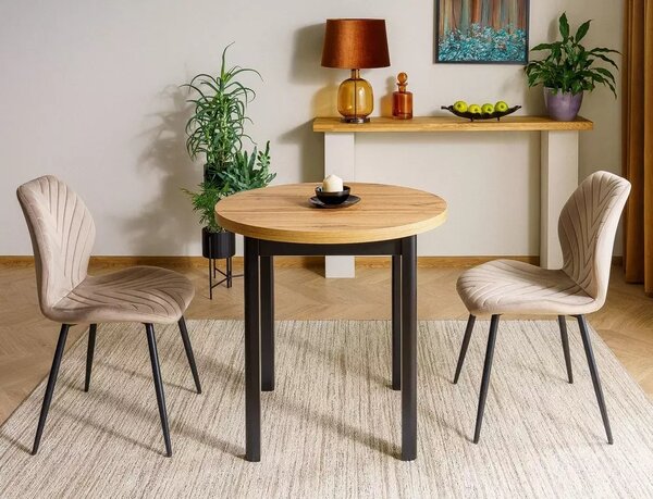 Tavolo Adam rotondo in MDF nero opaco e piano laminato effetto rovere Artisan – Ø80 cm