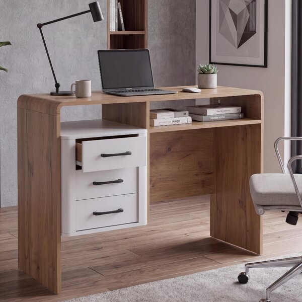 Scrivania MCW-P43, scrivania da ufficio per computer, 3 cassetti in MDF 75x100x40 cm ~ effetto rovere Wotan, bianco