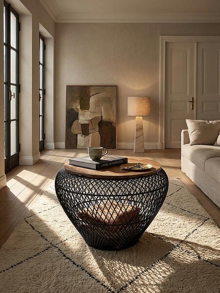 Tavolino in legno massello di mango e metallo 60x60x45 cm nero rotondo con spazio contenitivo, tavolino da salotto di design moderno in vimini, tavolino da salotto tavolino da divano