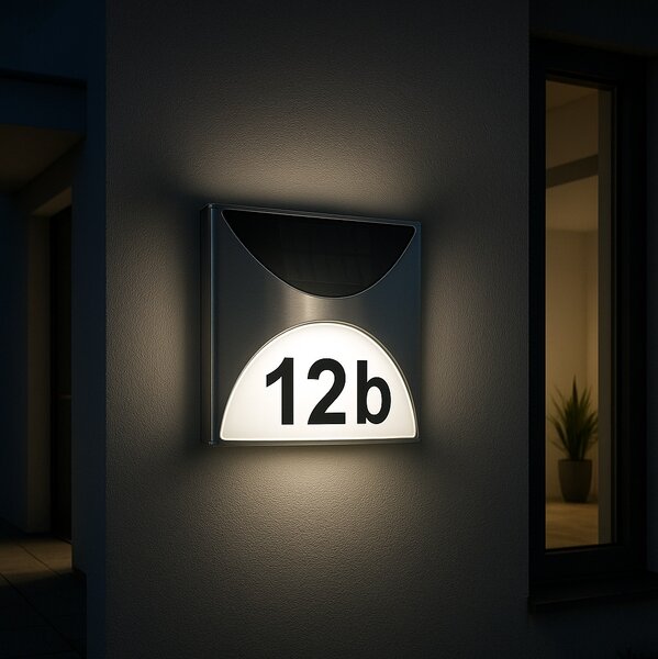 MeLiTec numero civico solare SH04, moderno numero civico illuminato a LED, per esterni, impermeabile, in acciaio inox, numero civico solare luminoso senza fili