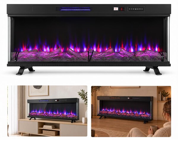 Ikodm, camino elettrico panoramico da 50 pollici, 900/1800 W, vetro su 3 lati, fiamma LED dimmerabile, controllo tramite app WiFi, telecomando, camino da incasso