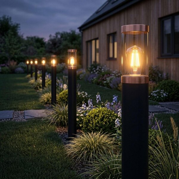 Lampada da terra, acciaio inossidabile, rame, vetro fumé, grado di protezione IP44, altezza 110 cm