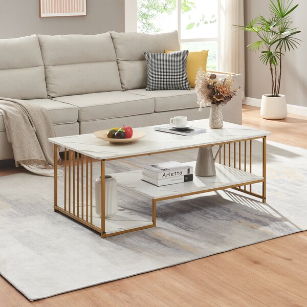 Tavolino 'Klibro' con 2 ripiani 120 x 60 x 42 cm aspetto marmo, bianco / oro