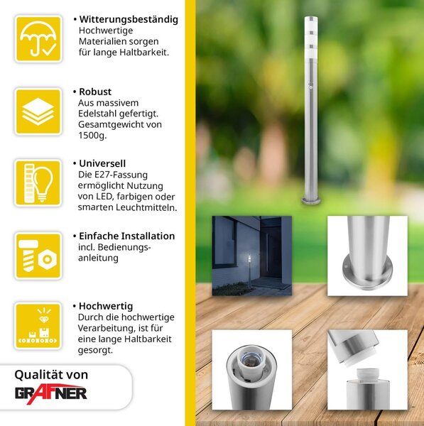 Grafner XXL lampada da sentiero in acciaio inox con rilevatore di movimento, altezza: 110 cm, 1x presa E27, IP44, lampada da sentiero lampada da giardino lampada da giardino lampada da terra per esterni lampada da bitta