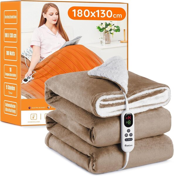 Coperta elettrica con spegnimento automatico, 130 x 180 cm, 10 livelli di riscaldamento, timer di spegnimento automatico da 1 a 9 ore, protezione contro il surriscaldamento, coperta riscaldante elettrica, per il letto