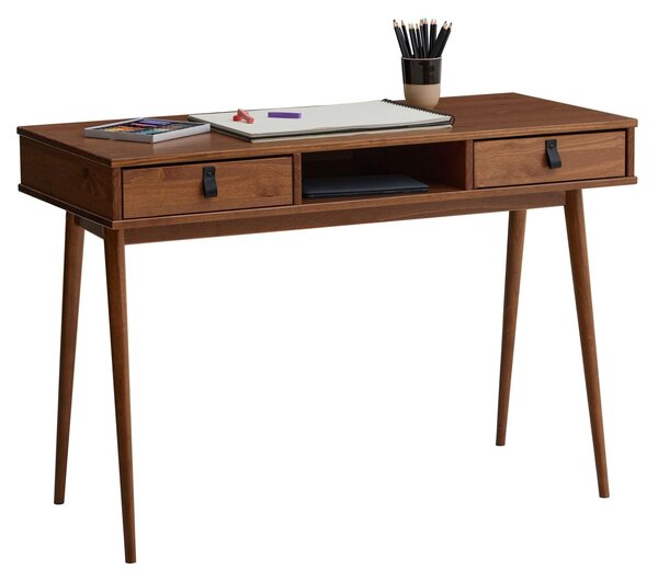 Scrivania KIM con 2 cassetti in legno massello, color noce, ideale per l'ufficio domestico. Include un vano aperto, 2 cassetti e maniglie in pelle