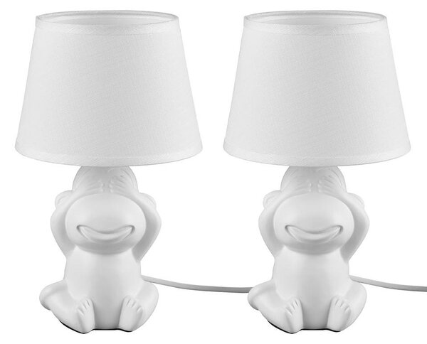 2 lampade da tavolo, paralume in tessuto, motivo scimmia, finitura bianca opaca, altezza 27 cm