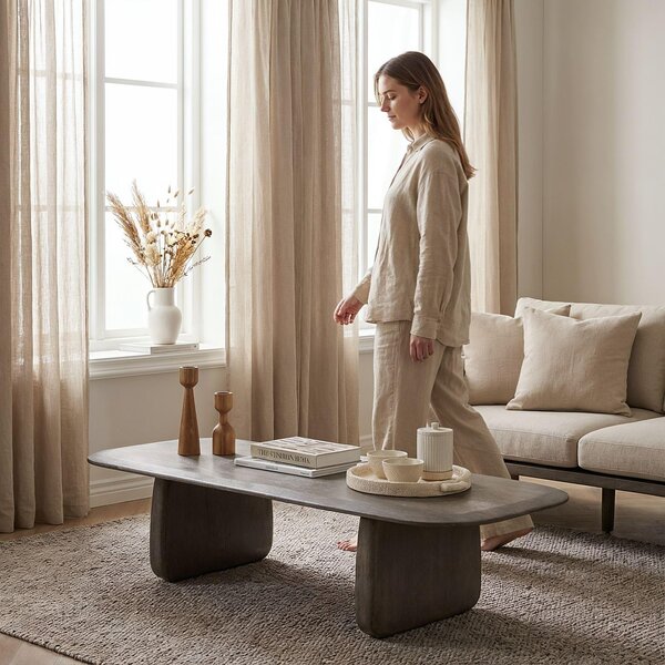 Tavolino HERMO in legno massiccio di mango, grigio - 135 x 53 cm, tavolino da salotto moderno, tavolino da divano con gambe larghe, tavolino in legno dal design minimalista, tavolino da club come piano d'appoggio