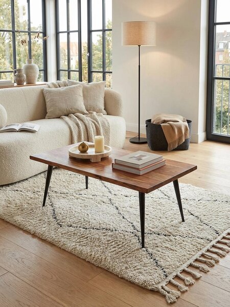 Tavolino da salotto 110x60x40 cm Tavolino in legno massello di sheesham con bordo naturale, tavolino da salotto rettangolare con struttura in metallo, tavolino grande Tavolino da salotto moderno