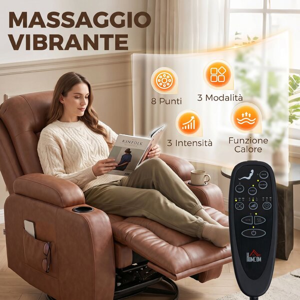 HOMCOM Poltrona Massaggiante Reclinabile Manuale 150° Riscaldante, Telecomando, Portabicchieri, Pelle PU, Marrone Chiaro | Aosom Italy