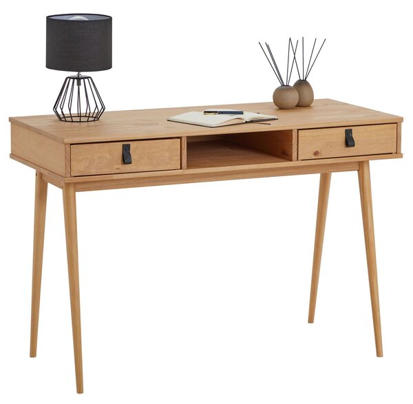 Scrivania KIM con 2 cassetti in legno massiccio, color rovere - scrivania per ufficio con vano a giorno, scrivania per ufficio con 2 cassetti e maniglie in pelle
