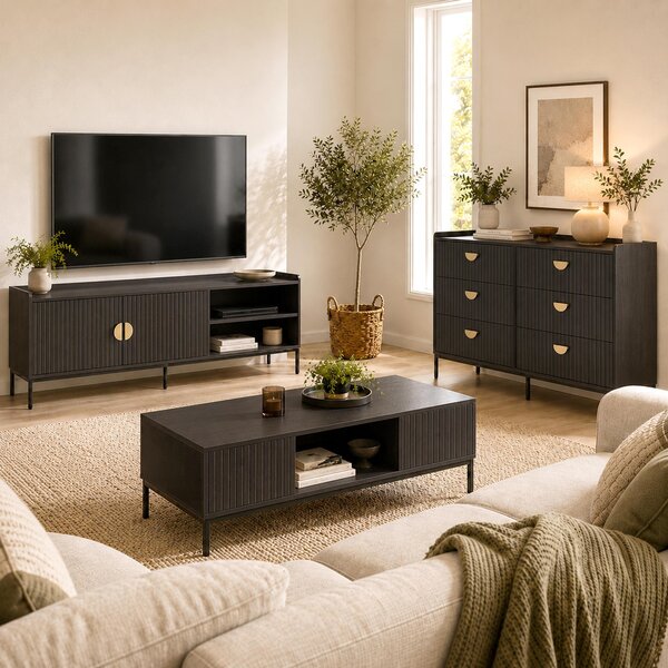 Set per soggiorno HWC-O39, composto da: mobile TV, tavolino, contenitore con cassetti, realizzato in MDF melaminato con finitura effetto legno, colore nero