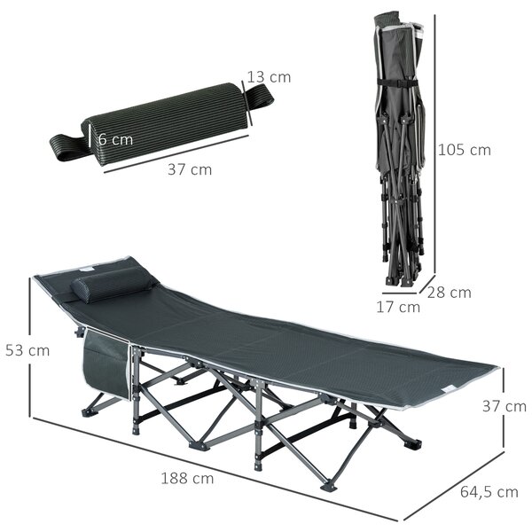 Outsunny Lettino da Campeggio Pieghevole e Imbottito con Tasca Portaoggetti, 188x64.5x53 cm, Grigio|Aosom
