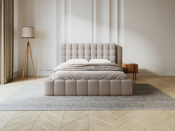 Letto matrimoniale Mamaia in tessuto strutturato Neve con contenitore e testiera - 140x200 cm