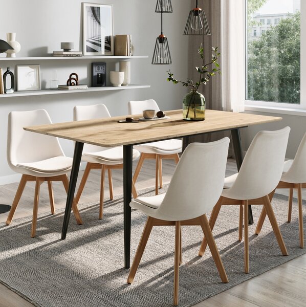 Tavolo da pranzo allungabile – Tavolo moderno con struttura in metallo per 4-6 persone, effetto legno con gambe in metallo, 120-160×80×75 cm (LxPxH), rovere chiaro