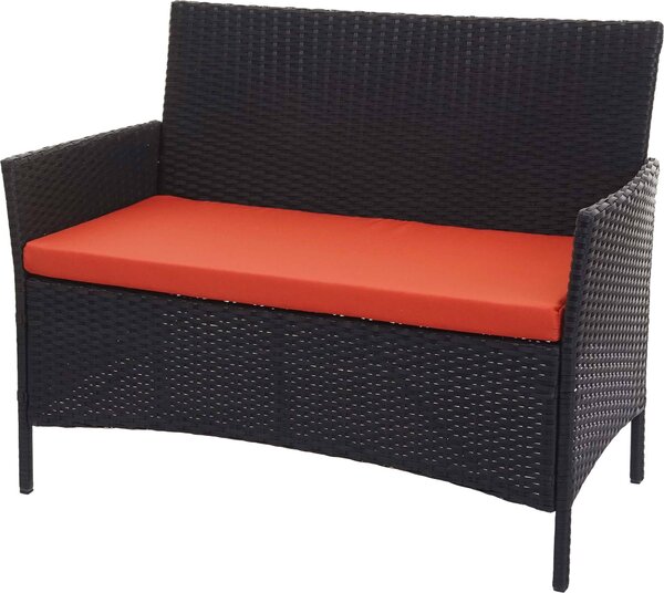 Panchina da giardino in polyrattan Hamar, panca ~ nera, cuscini color terracotta