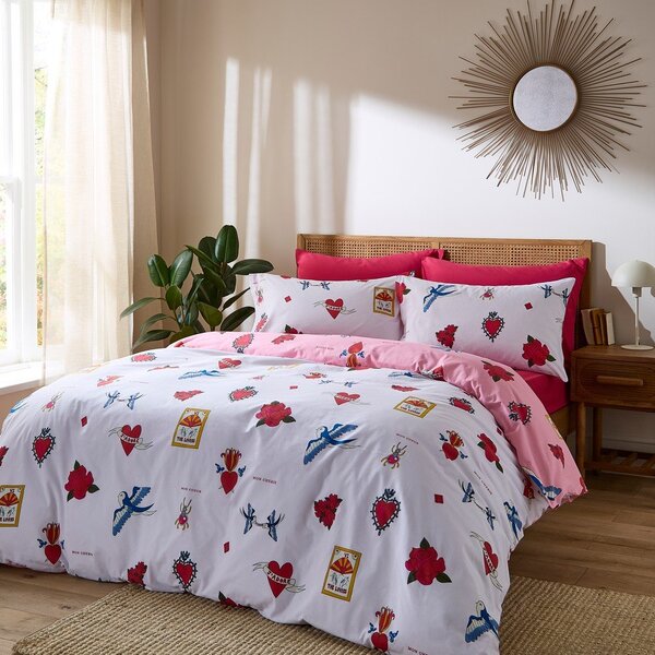 Set copripiumino e federa bianco e rosa in cotone per letto matrimoniale e per letto esteso 230x220 cm Mon Coeur – Their Nibs
