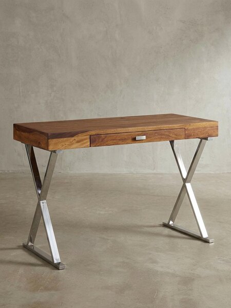 Scrivania massiccia in legno di sheesham con struttura metallica a forma di X. Argento, 120x55x78 cm | Kadima Design